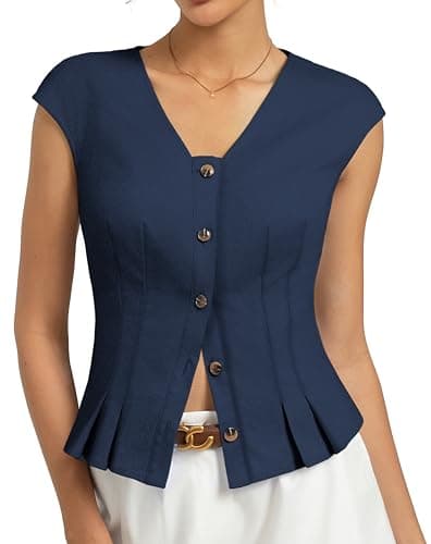 Kate Kasin Womens Button Down Crop Tops, Cap Sleeve Work Shirt, Slim Fit Cute Vest Trendy Navy Blue - Image 1