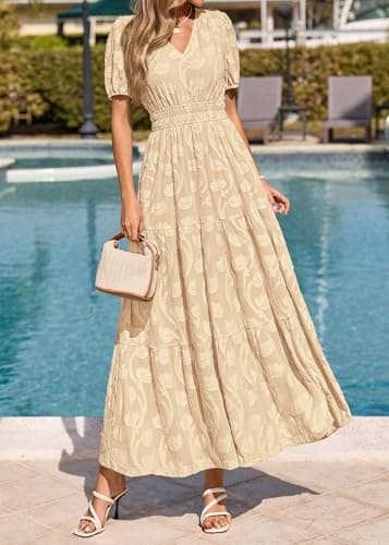 KIRUNDO Summer Dresses for Women 2026 Boho Flowy Casual Short Sleeve V Neck Elastic Waist Floral Long Baby Shower Maxi Dress(Apricot, Small) - Thumbnail 2