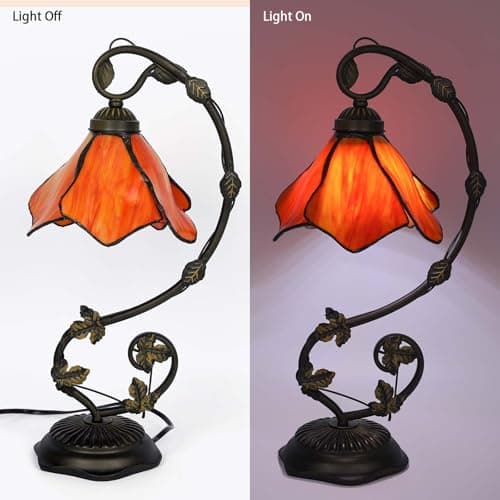 FILIUTF Stained Glass Table Lamp, Orange-Red Flower Style Metal Leaf Base Desk Reading Light, Adjustable 3 Color Temperature Decor for Bedroom Home Office - Thumbnail 6