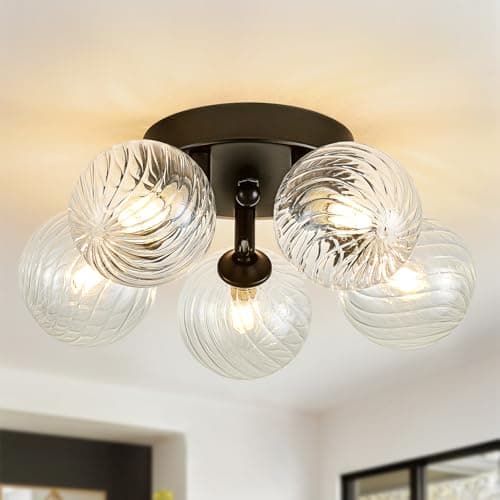 brfaixla 5 Lights Semi Flush Mount Ceiling Bubble Light Fixture Dia 12.6" Black Close to Ceiling Light Modern Swirled Clear Ribbed Blown Glass Ball Chandelier for Hallway Entryway Kitchen Dining Room