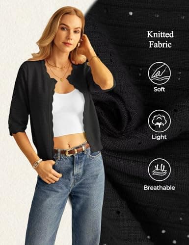 GRACE KARIN Womens Short Sleeve Black Cardigan Sweater, Lightweight Cotton Cardigan Trendy, Dressy Casual Floral Bolero Shrugs - Thumbnail 6