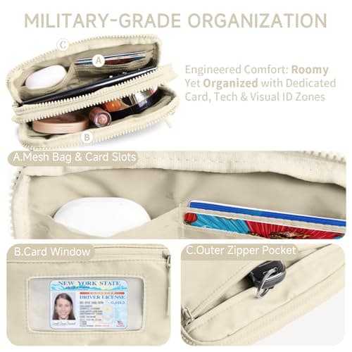 NBERMOTION Checkered Nylon Wristlet Wallets for Women RFID Blocking Purse With Credit Card Holder & Crossbody Strap(Beige2) - Thumbnail 4