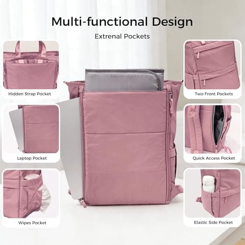 Allovely Diaper Bag Backpack, Large Baby Diaper Bag with Changing Pad, Baby Bag for Mom with Quick-access Insulated Pockets, Lightweight Multipurpose Travel Backpack (Dark Pink) - Thumbnail 4