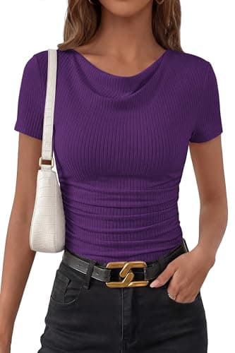 PRETTYGARDEN Womens Summer Tops 2026 Cute Cowl Neck Short Sleeve T-Shirts Ribbed Knit Fitted Spring Ruched Crop Top(Purple,Medium) - Thumbnail 6