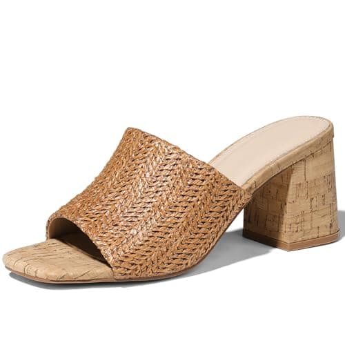Ancomafio Women's Heeled Sandals Cork Sandals Raffia Heels Square Open Toe Heeled Mules Block Heels Summer Vacation Shoes Brown Size 7.5 - Image 1