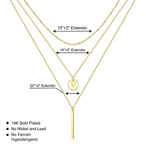 Vjoypro Layered Initial Necklaces for Women, 14K-Gold-Plated Initial V Letter Coin Pendnat Y-Necklaces Layering Long Necklace Dainty Bar Necklace Jewelry Gifts for Women - Thumbnail 5