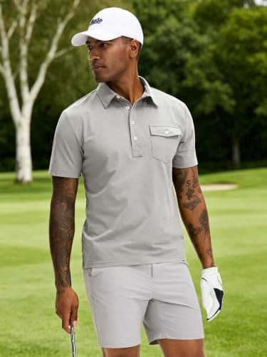 JEMLDL Mens Polo Shirt Quick Dry Short Sleeve Casual Summer Polo Tee with Pocket Classic Collared Golf Stylish Tops Light Gray L - Thumbnail 4