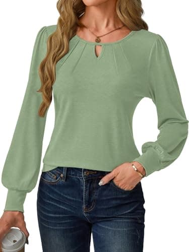 GKBK Women Long Sleeve Tops Dressy Business Casual Blouses Basic Loose Fit Crewneck Work Shirts Pleated Keyhole 2025 Fall Winter Clothes Stylish Outfits Green Medium - Thumbnail 3