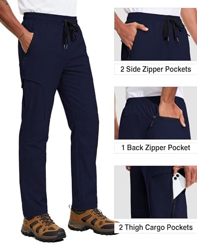 Mens Hiking Pants 5 Pockets Water Resistant Quick Dry Lightweight UPF 50+ Cargo Elastic Waist Drawstring Cuff Work Casual Golf Athletic Travel Jogging Navy Blue M - Thumbnail 5