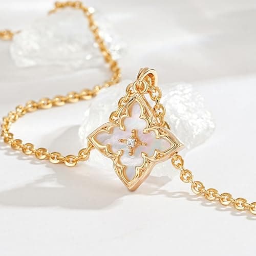 Fettero Gold Clover Necklace for Women Dainty 14K Gold Plated CZ Pendant Necklace Charm Colorful Clover Pendant Lucky Necklaces for Women Jewelry - White Mother of Pearl - Thumbnail 4