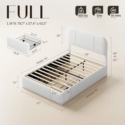 Uteeran Full Size Bed Frame with Storage, Boucle Cloud Bed with 4 Locking Drawers & LED Lights, Modern Upholstered Platform Bed, Plush Sides & Footboard, Adjustable Headboard, No Box Spring, White - Thumbnail 2
