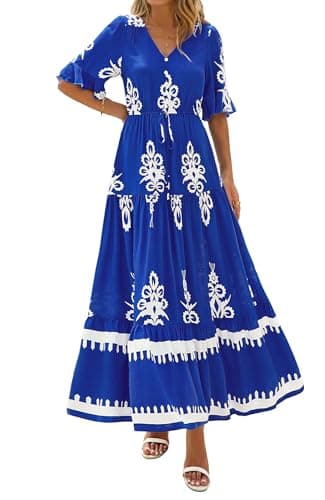 BTFBM Womens Summer Dresses 2026 Spring Casual Short Sleeve v Neck Boho Floral Flowy A-Line Tiered Maxi Dress Pockets(Floral Blue White, Medium) - Thumbnail 5