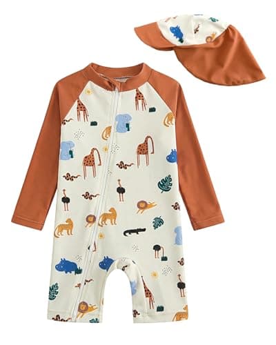 DivingBirds Baby Boy Rash Guard Swimsuit Set with Sun Hat - Long Sleeve Zip One Piece Toddler Bathing Suit for Beach & Pool,Zoo,9-12M - Image 1