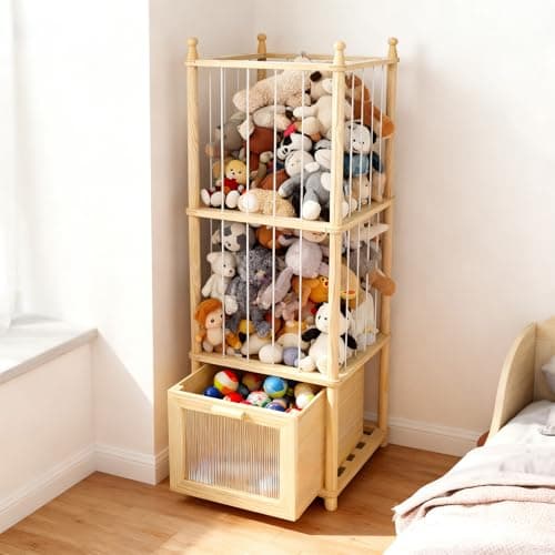 Kompaktayc Stuffed Animal Storage with Clear-View Drawer, Wooden Stuffed Animal Zoo Organizer for Nursery & Playroom, Holder for Plush Toys,Balls,Blocks,Wooden Home Decor