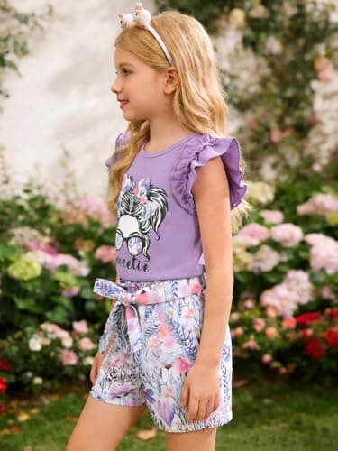 AMAWMW Girl's Outfits Ruffle Sleeve Shirt Top High Waist Paper Bag Shorts with Pockets Cute Summer Clothes, Purple, 11-12 Years - Thumbnail 3