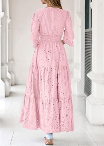 Lazysmile Long Sleeve Dresses for Women V Neck Hollow Out Eyelet Ruffle Swing A-Line Fall Vacation Boho Maxi Dress Pink - Thumbnail 2
