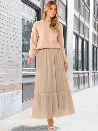 ANRABESS Maxi Skirts for Women Tulle Long Tiered Elastic High Waisted A Line Flowy Dressy Casual Skirt 2026 Fall Trendy Light Tan Medium - Thumbnail 6