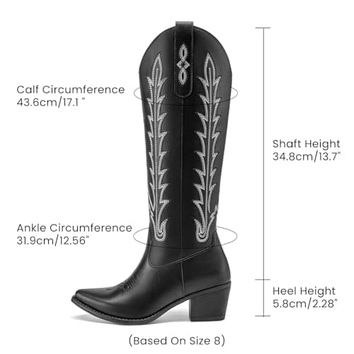 Athlefit Black Cowboy Boots for Women Cowgirl Knee High Comfortable Slip On Chunky Heel Square Toe Western Embroidered Tall Long Boots for Country Concert Black Size 10 - Thumbnail 3