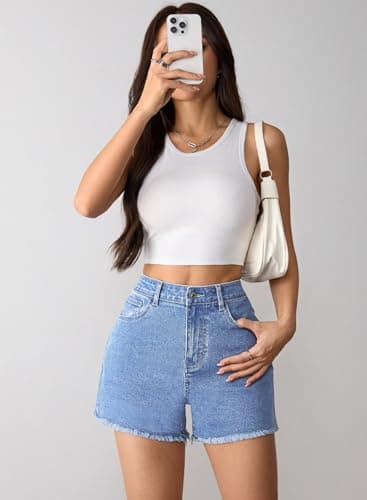 Pink Queen High Waisted Denim Shorts for Women 2026 Casual Star/Bow Frayed Hem Summer Hot Short Jeans with Pockets Light Blue XL - Thumbnail 6
