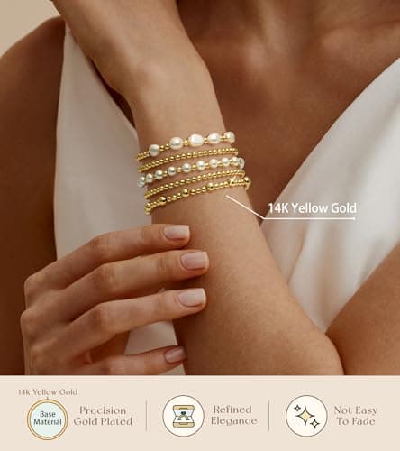 adoyi Gold Bracelets for Women, 14K Gold Plated Beaded Bracelets Stack Trendy Stackable Bracelet Set Strand Stretch Pearl Ball Bracelet Bracelet Set Jewelry for Gifts Set for Women Gift 6.8 inches - Thumbnail 5