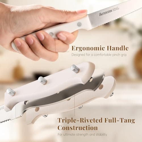 Astercook Steak Knives, Steak Knives Set of 8, High Carbon Stainless Steel Steak Knife Set with Full Tang Handle, Dishwasher Safe Serrated Knife, Elegant Cream White - Thumbnail 3