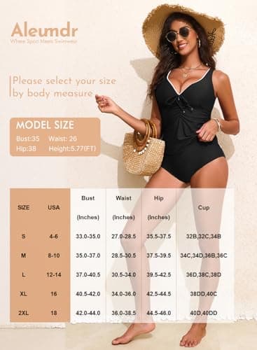 Aleumdr Trendy Ruched Swimsuit Tankini for Women Tummy Control 2 Piece Bathing Suits Drawstring V Neck Swim Tops with High Waisted Bottoms Black Large - Thumbnail 6