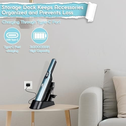 VACFAM Handheld Cordless Vacuum Cleaner, Portable Car Vacuum with 18KPa Suction Power, Quick-Charge Hand Vac with LED Headlight & Storage Dock for Home Office Desk Keyboards Pet Hair, Blue - Thumbnail 6