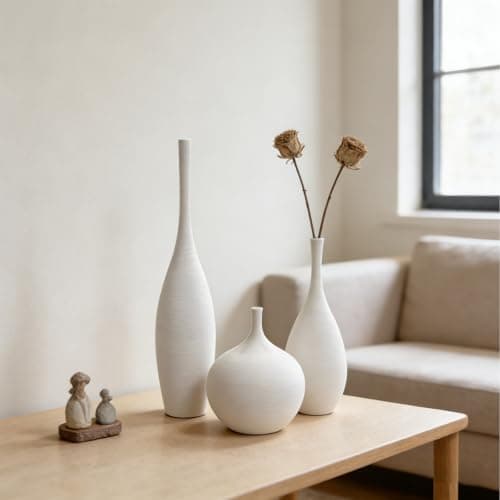 DecoVlog White Ceramic Vase Set of 3, Modern Boho Vases for Centerpiece Decor, Matte Minimalist Decorative White Vases Home Decor, for Living Room, Bookshelf, and Entryway Table Decor - Thumbnail 4