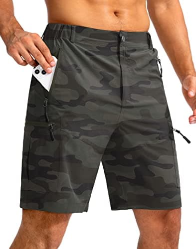 Pudolla Men's Hiking Cargo Shorts 9" Lightweight Outdoor Work Shorts for Men Travel Golf Camping Casual with 5 Zipper Pockets(Green Camo X-Large)