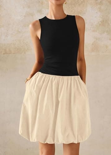 KIRUNDO Summer Bubble Dress for Women 2026 Casual Mini Spring Bodycon Cocktail Dresses Sleeveless Drop Waist Sundress Beach(Black Beige, XX-Large) - Thumbnail 5