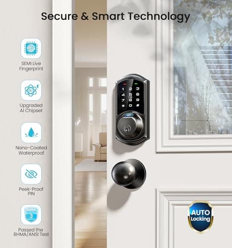 Veise VE07 Fingerprint Smart Door Lock, 7-in-1 Keyless Entry Deadbolt with App Control, Electronic Digital Touchscreen Keypad, Biometric Smart Locks for Front Door, Auto Lock, Matte Black - Thumbnail 5