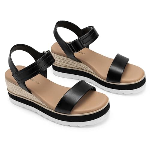 Athlefit Espadrille Wedge Sandals for Women, Open Toe Ankle Strap Low Wedge Heel Platform Sandals for Summer, Black Size 5.5, SAPS2617W - Thumbnail 4