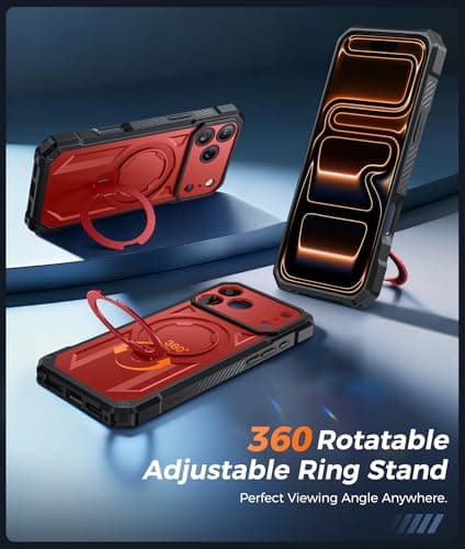 FNTCASE for iPhone 17 Pro-Max Case: [360 Spin Magnetic Ring Kickstand] [Compatible for MagSafe] [Screen Protector] Heavy Duty Military Grade Protection Protective Phone Case with Stand Red - Thumbnail 4