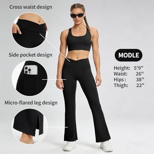 AMLEER Women's V Waist Side Split Wide Leg Yoga Leggings - High Waisted Crossover Stretchy Workout Flare Yoga Pants（Black, Small - Thumbnail 5
