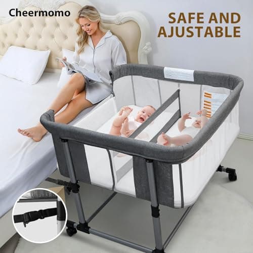Cheermomo Twin Bassinet for 2 Babies, Double Bassinet for Twins, Baby Bassinet with Wheels, Full-Mesh Sides, 5-Height Adjustable, Portable and Stable Baby Crib for Newborns (Basic Grey) - Thumbnail 3