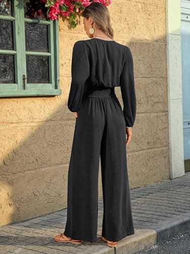 LOOKBOHO Long Sleeve Jumpsuits for Women 2026 Fall Dressy Casual V Neck High Waist One Piece Wide Leg Romper With Pockets Black X-Large - Thumbnail 3