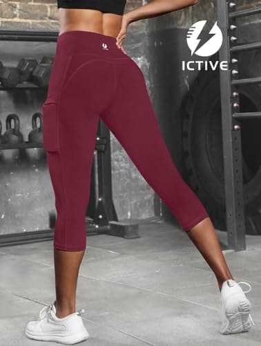 ICTIVE Women's Capris Yoga Pants with Pockets Crossover V Cross High Waisted Fitness Running Leggings Burgundy M - Thumbnail 3