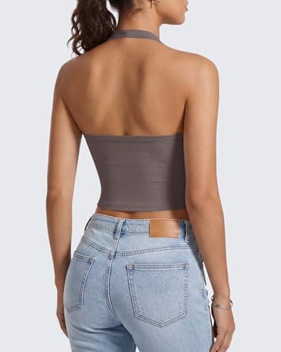G4Free Backless Halter Top Y2K Going Out Ribbed Cropped Tank Tops Open Back V Neck Camisole Slim Fit (Taupe,L) - Thumbnail 2