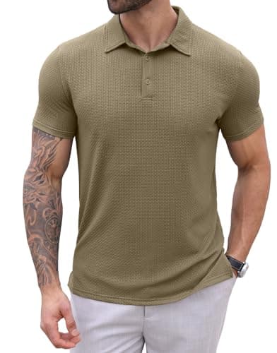 Askdeer Mens Polo Shirt Bubble Jacquard T-Shirt Short Sleeve Stretchy Golf Shirt Khaki - Image 1