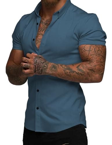 JMIERR Men's Muscle Fit Dress Shirts Summer Casual Button Down Short Sleeve High Stretch Wrinkle-Free Shirt - Image 1