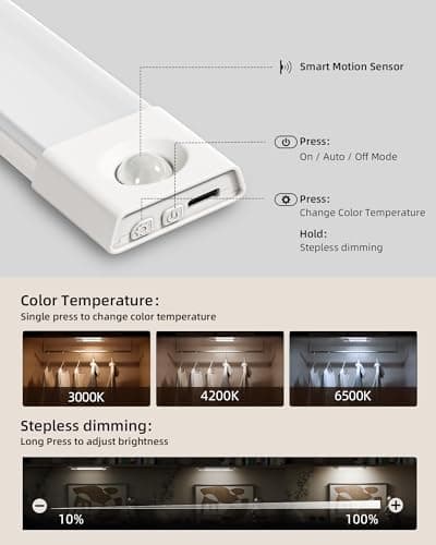 EZVALO Under Cabinet Lighting, Wireless Closet Lights, 50 LED Rechargeable Motion Sensor Light, Dimmable, 3 Color Temperatures, 11.8 inch Counter lights for Kitchen, Pantry, Bedroom, Wardrobe (3 Pack) - Thumbnail 4