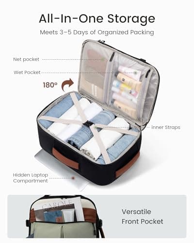 LOVEVOOK 40L Travel Backpack for Women Men, Airline Approved Carry On Luggage with 3 Cubes Accessories, TSA Personal Item Travel Cruise Essentials, Waterproof Weekender Overnight Bags fits 17" Laptop - Thumbnail 3