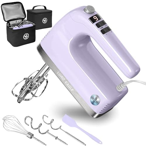 Lord Eagle 9-Speed Digital Hand Mixer Electric Handheld, 500W DC Motor Kitchen Mixer for Cake Baking, Lightweight Egg Beaters with Stain-resistant & Waterproof Storage Bag & 6 Accessories, Purple