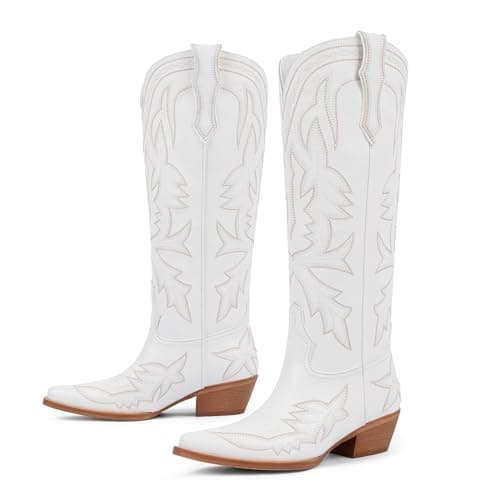 VIUGJNEX Womens Cowboy Boots Embroidered Chunky Heel White Cowgirl Boots Pull on Pointed Toe Knee High Boot Women Wide Calf Low Heel Western Boot Women Size 7 - Thumbnail 4