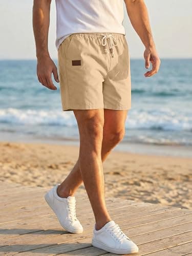 JMIERR Men's Casual Cotton Linen Shorts - Drawstring Summer Beach Stretch Golf Dress Short 5 inch Polo Shorts with Pockets for Men,2XL,A Beige - Thumbnail 2