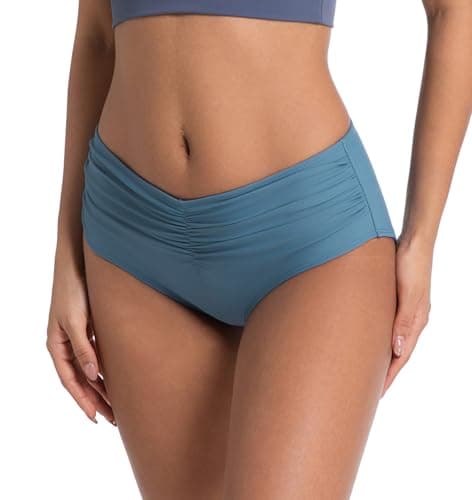 COCOPEAR Mid Rise Bathing Suit Bottoms for Women Ruched Tummy Control Swim Bottoms Full Coverage Bikini Bottoms for Women Cornflower Blue L - Thumbnail 4