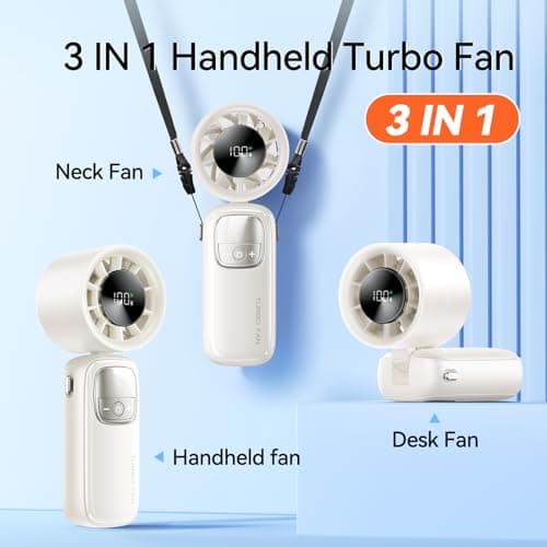 KIMMOO 3-in-1 Portable Handheld Turbo Fan-100 Speeds, 15000 RPM, 10Hrs Cooling, LED Display, 90° Rotation, Travel Fan, Mini Foldable Hand Held Personal Fan for Women Men (white) - Thumbnail 5