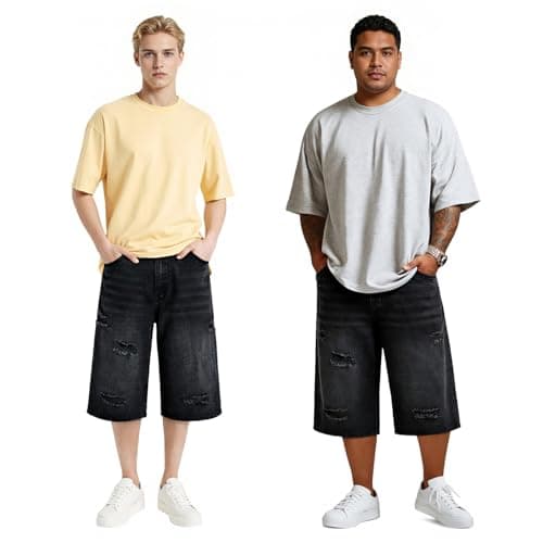 Heyfanee Mens Baggy Jorts Ripped Y2k Jean Shorts for Men Big and Tall Loose Fit Denim Shorts Men Streetwear Black 30 - Thumbnail 4