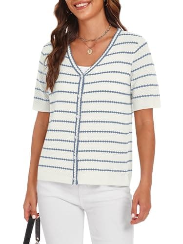 COCCKO Womens V Neck Summer Striped Cardigan Puff Sleeve Ruffle Lightweight Knit Sweaters Open Front Button Down Tops Blue M - Thumbnail 6