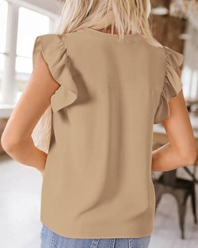 Zenlonr Womens Summer Tops 2026 Casual V Neck Ruffle Cap Sleeve Blouse Shirts Solid Color Tunic Tops(Khaki,Medium) - Thumbnail 5